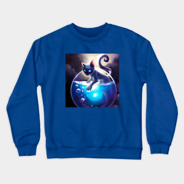 Magical Cat Harnesses the Glowing Power of a Mystical Fish Bowl Crewneck Sweatshirt by Star Scrunch